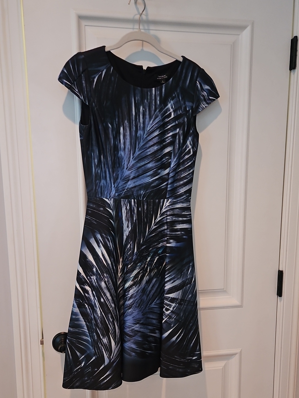 Tahari Blue Palm-Print Fit & Flare Midi Dress